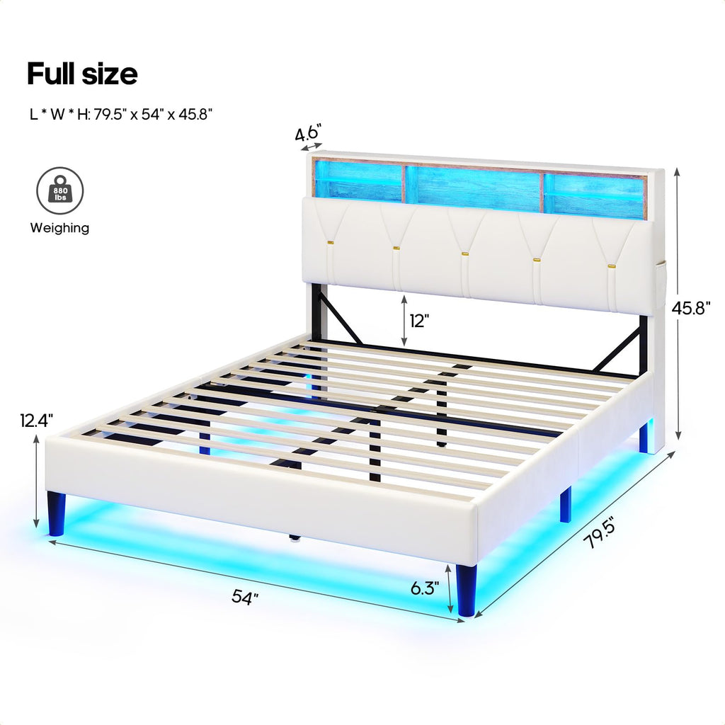 Full Size Bed Frame with Storage Headboard and LED Lights Y584634