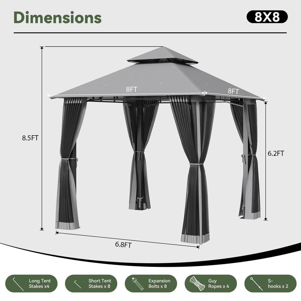 8'x8' Gray Gazebo with Double Roof & Mosquito Netting L813883