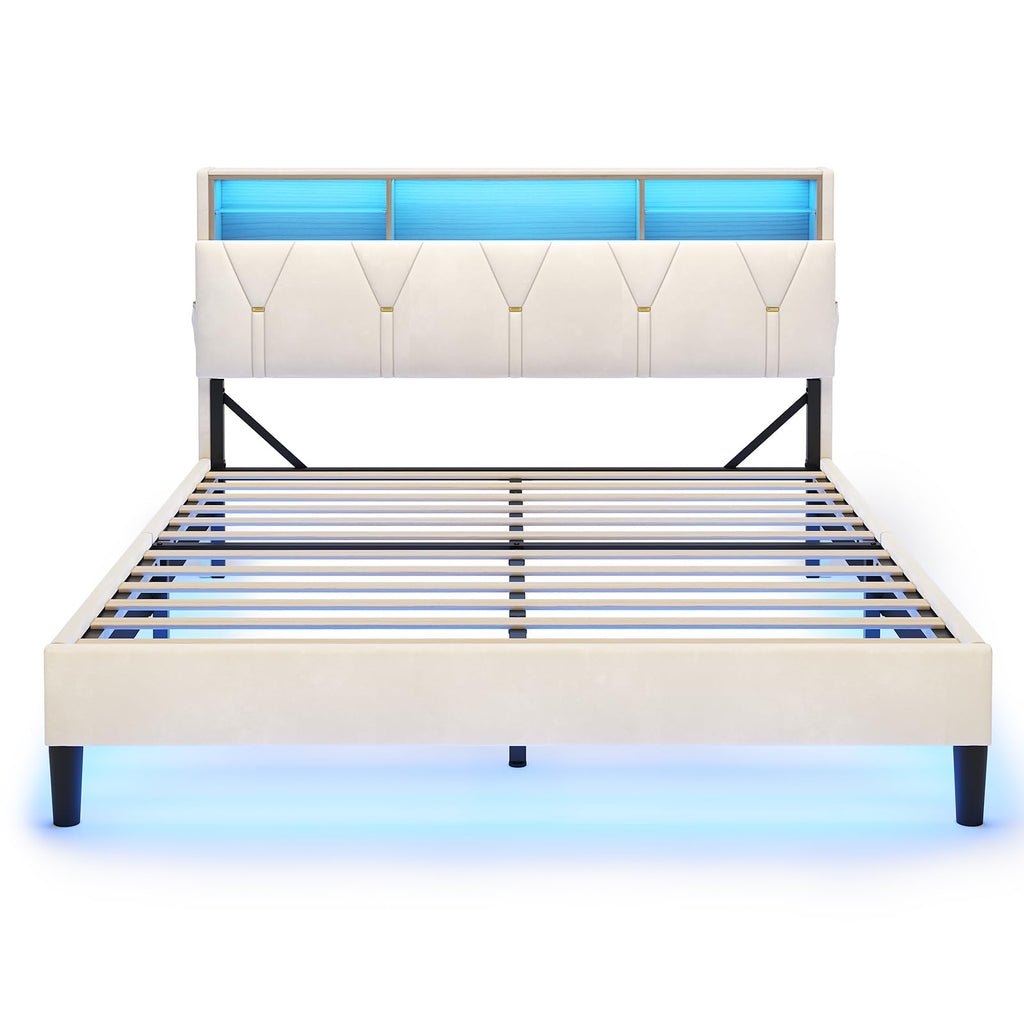 Full Size Bed Frame with Storage Headboard and LED Lights Y584634