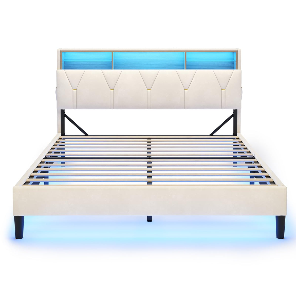 Full Size Bed Frame with Storage Headboard and LED Lights Y584634