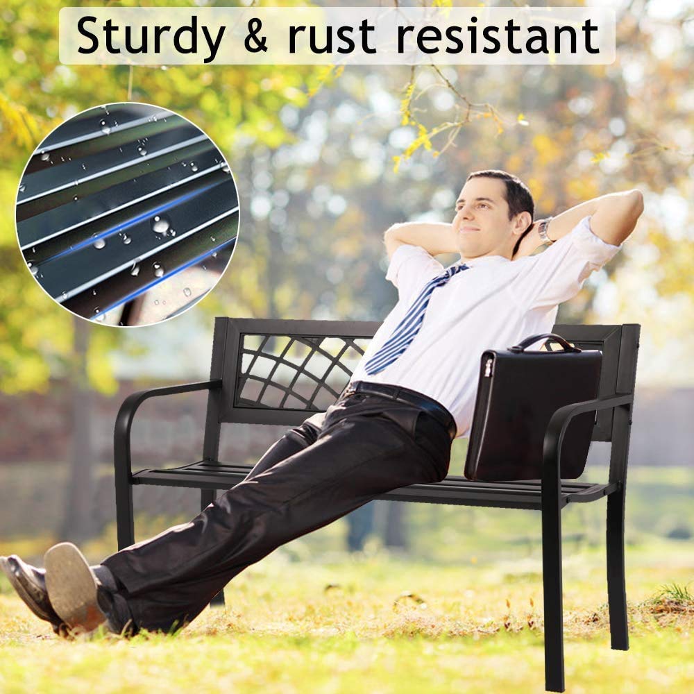 Black Metal Outdoor Patio Bench with Armrests F9571