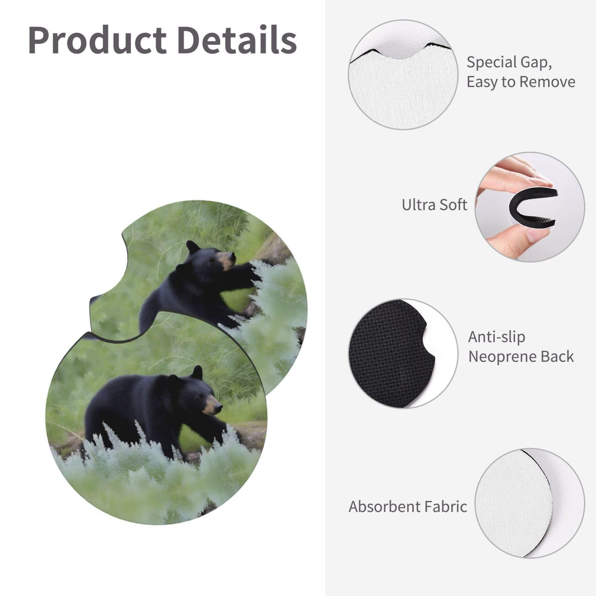 Black Bear Pattern Rubber Car Coasters Set of 2 R9212