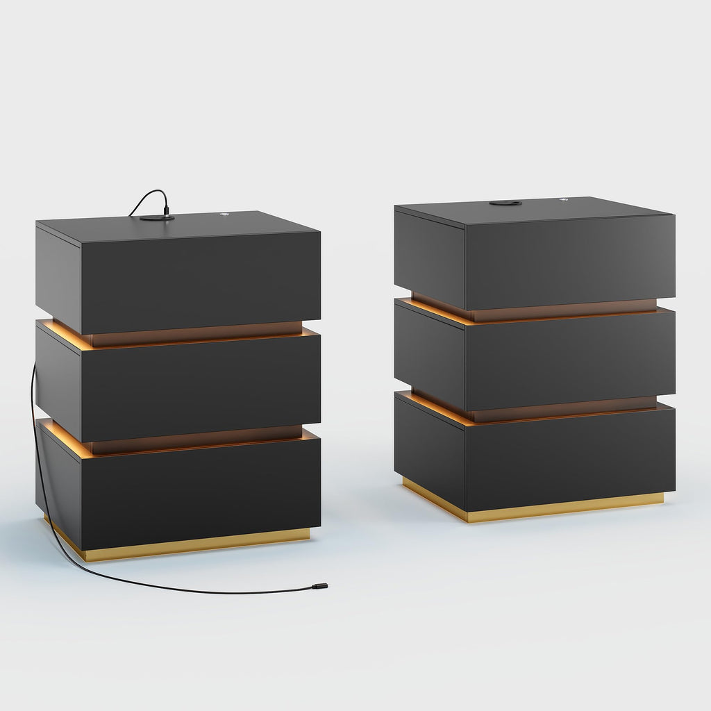 Black Set of 2 Nightstand with Wireless Charging and 3 Drawers Z992992