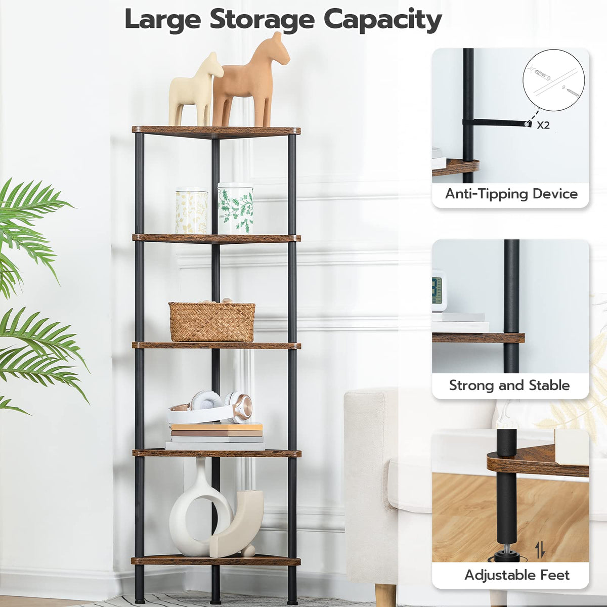 5-Tier Corner Bookshelf with Metal Frame Q60135