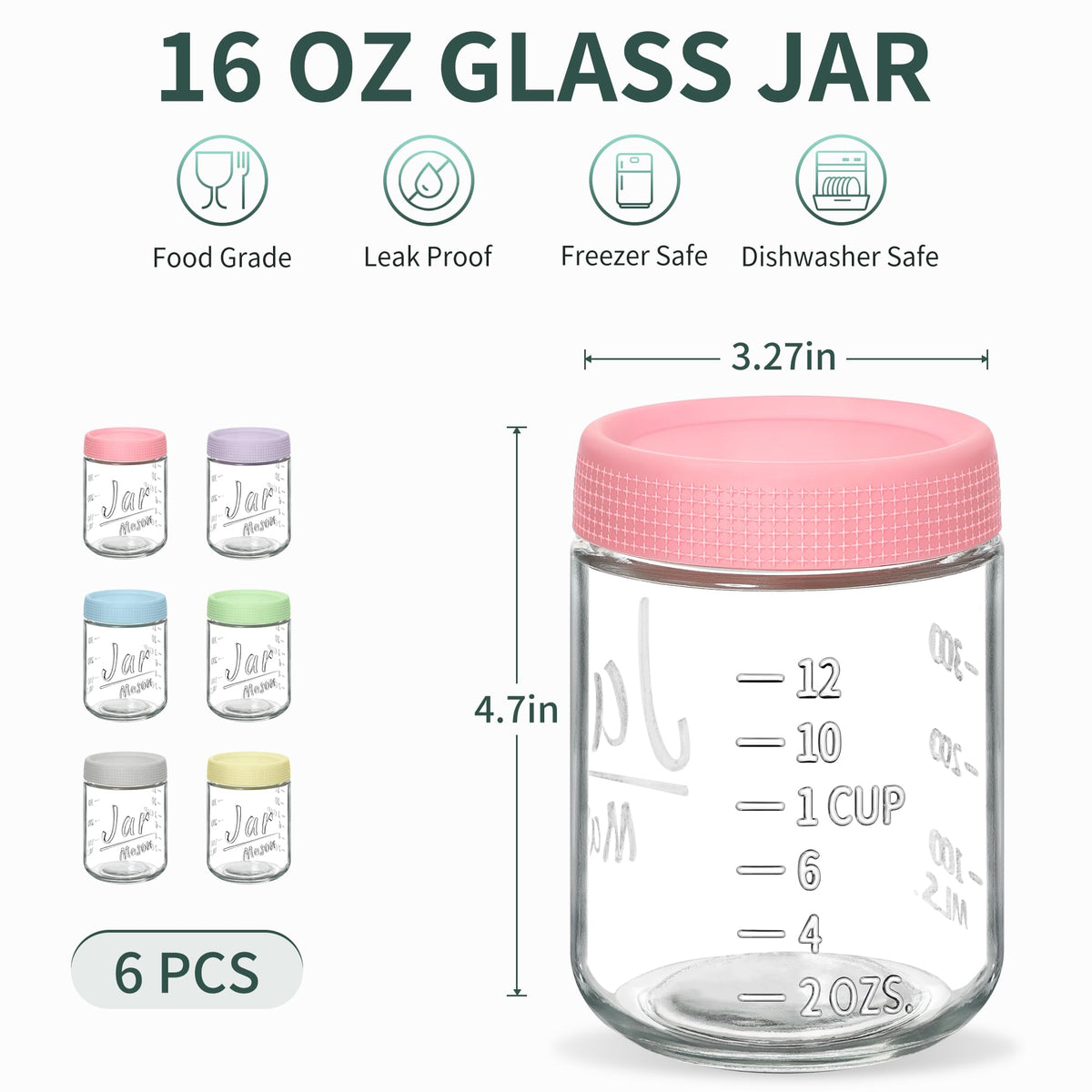 6 Pack 16 oz Glass Containers with Lids C63169