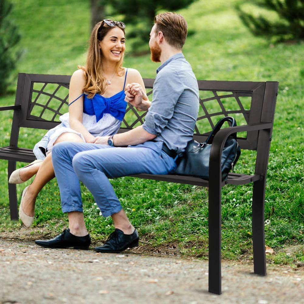 Black Metal Outdoor Patio Bench with Armrests F9571