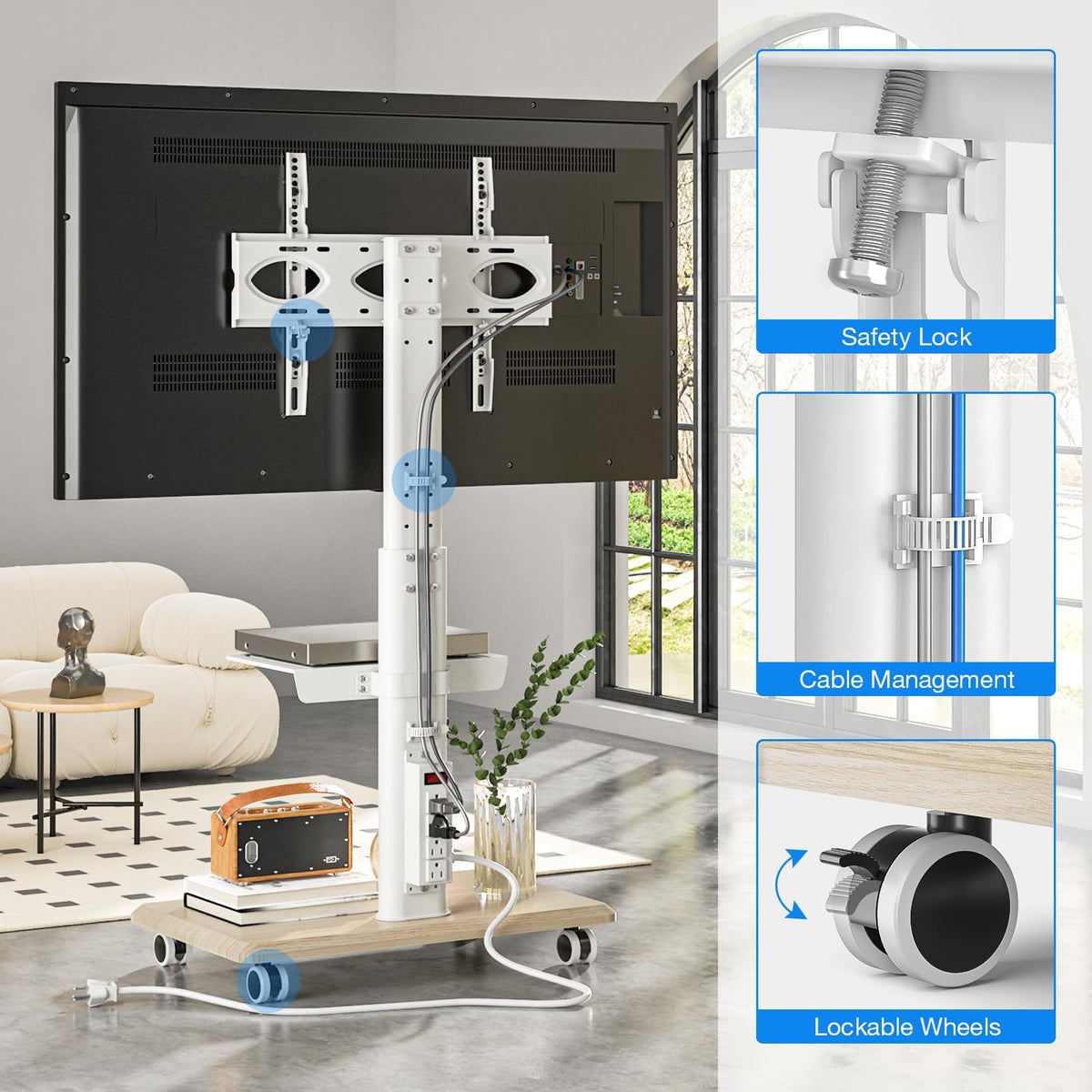 White Height Adjustable Rolling TV Stand for 32-75 Inch TVs S66169