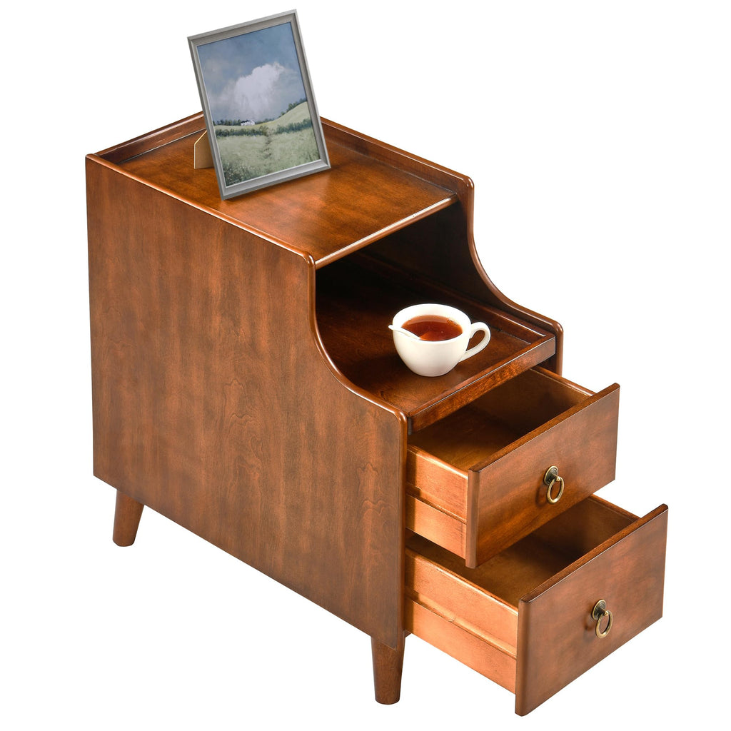 Solid Wood Narrow Nightstand with 2 Drawers A98673