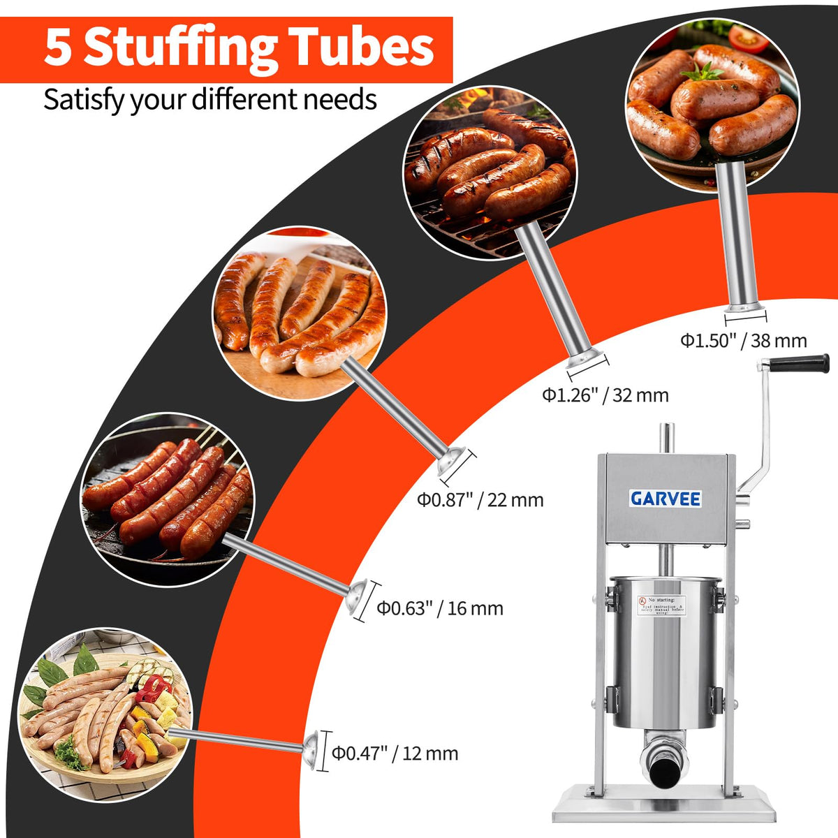7LBS/3L 304 Stainless Steel Manual Sausage Stuffer with 5 Filling Tubes I408291