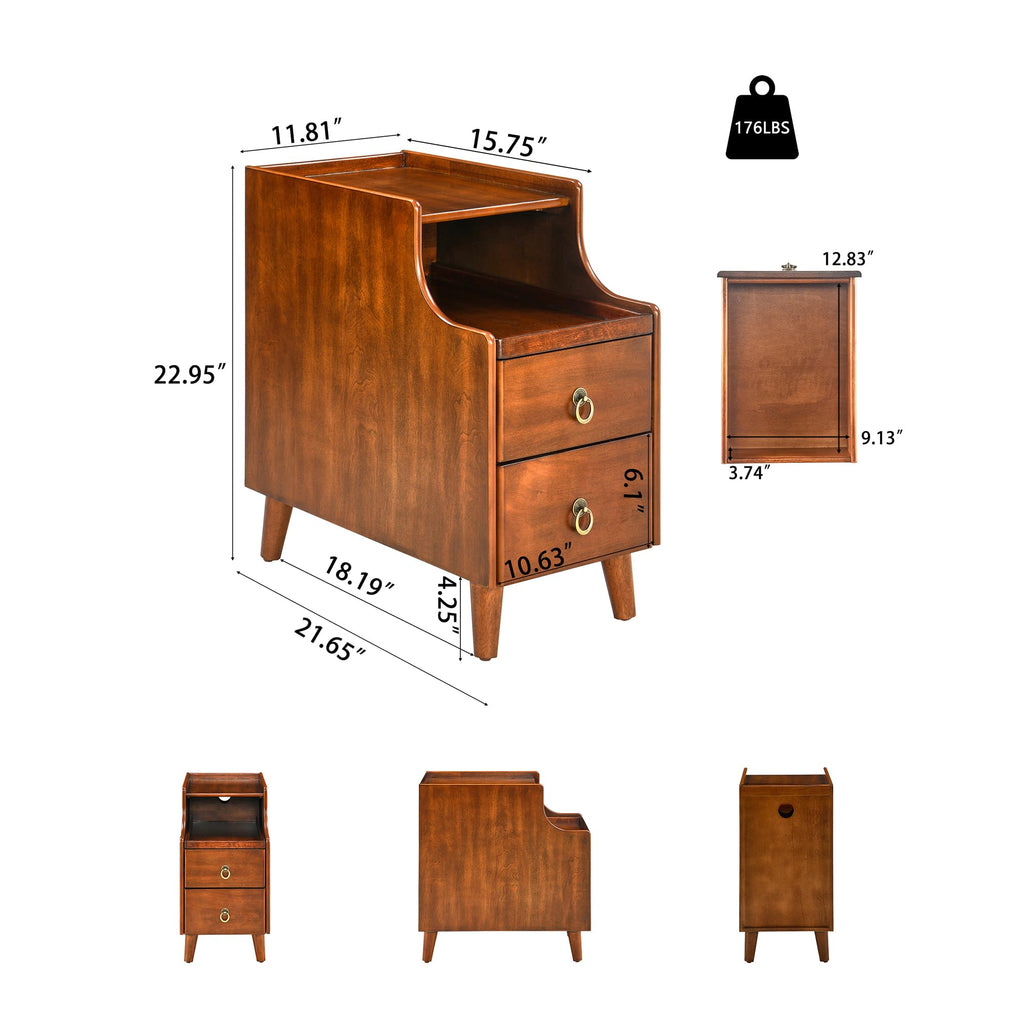 Solid Wood Narrow Nightstand with 2 Drawers A98673