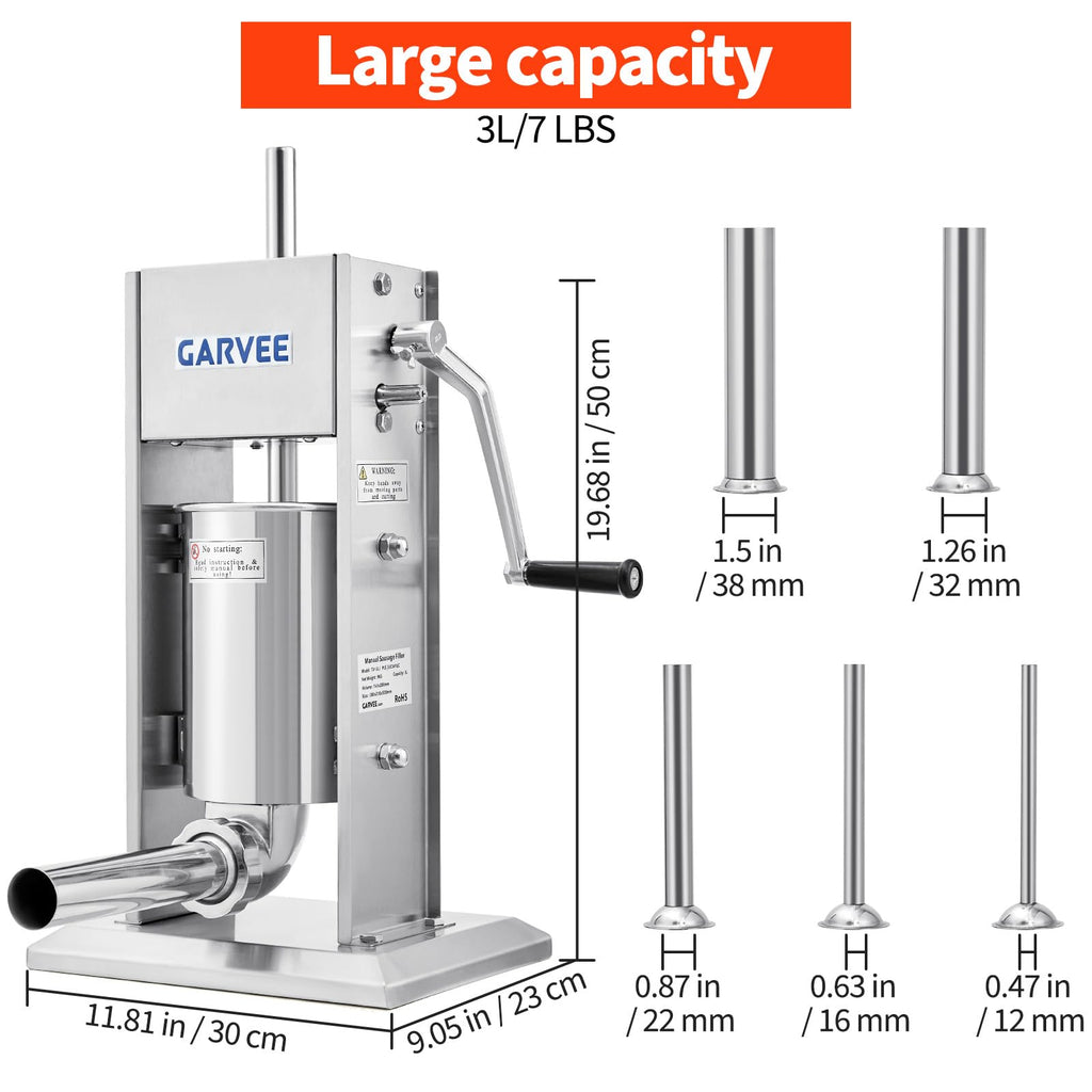 7LBS/3L 304 Stainless Steel Manual Sausage Stuffer with 5 Filling Tubes I408291