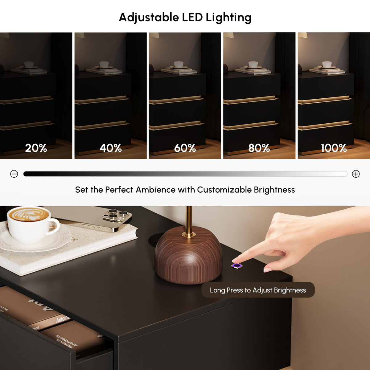 Black Set of 2 Nightstand with Wireless Charging and 3 Drawers Z992992