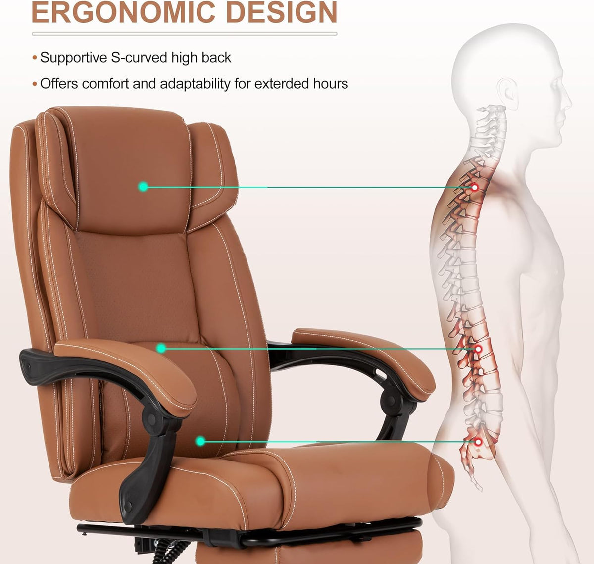 Brown Ergonomic Reclining Office Chair with Footrest and Lumbar Support X14649