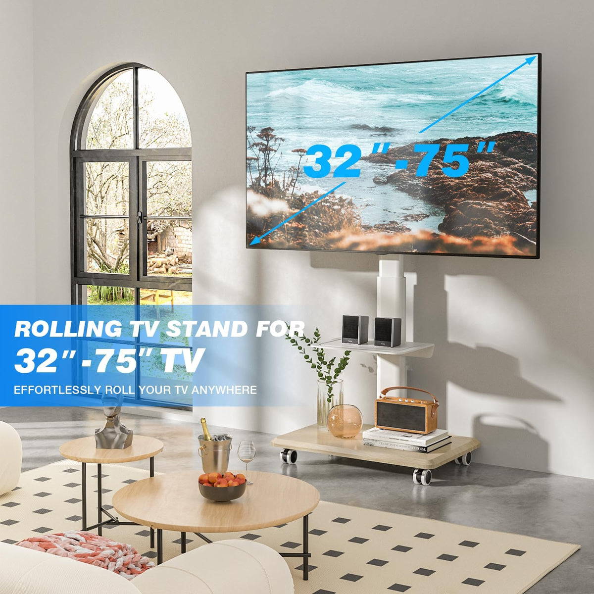 White Height Adjustable Rolling TV Stand for 32-75 Inch TVs S66169