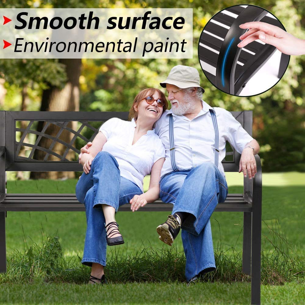 Black Metal Outdoor Patio Bench with Armrests F9571
