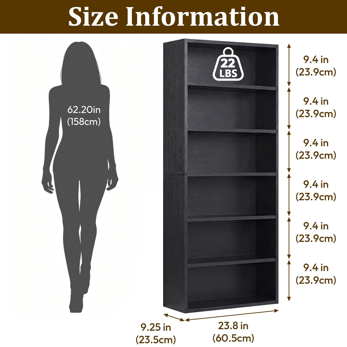 Black 6 Tier Adjustable Bookshelf M8985