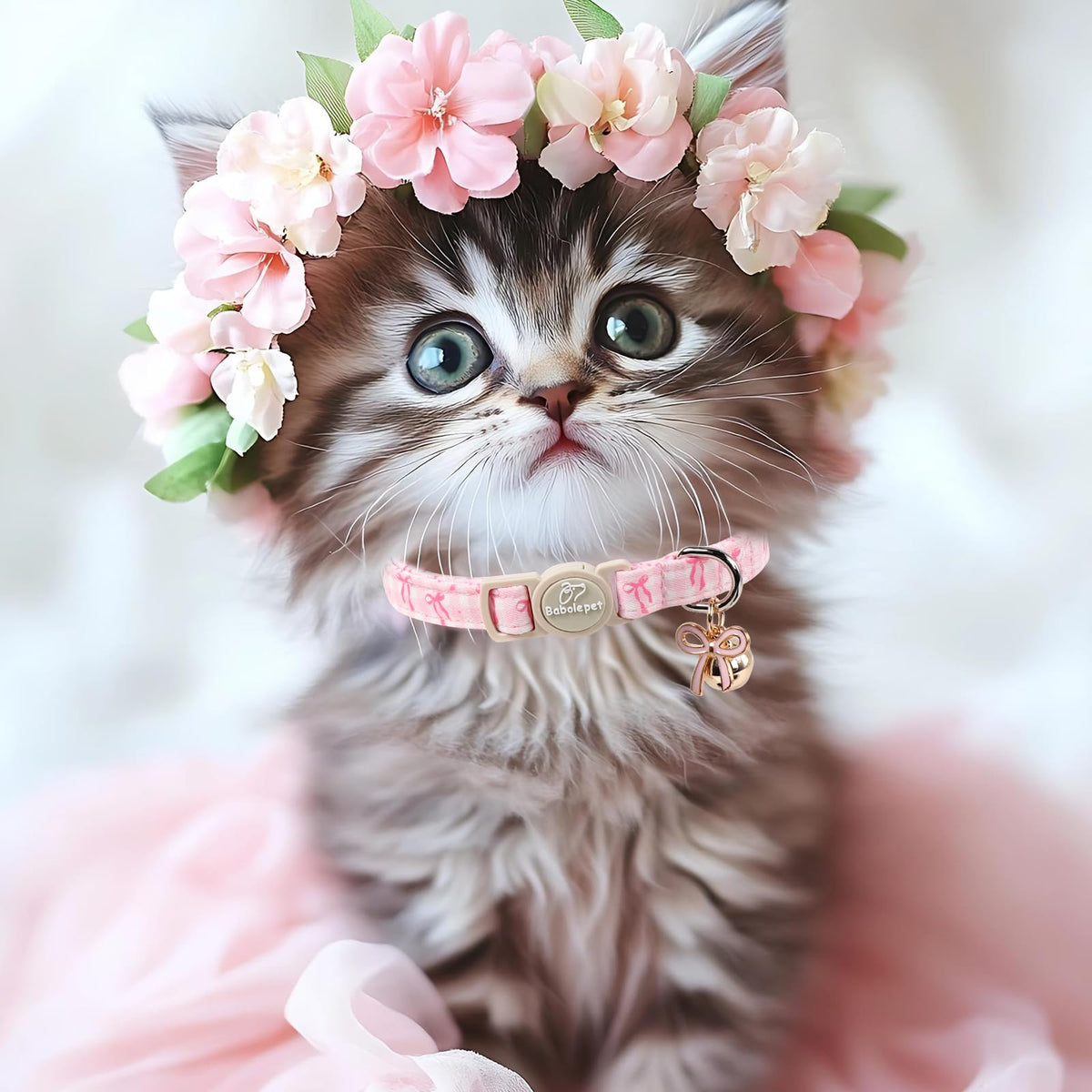 Pink Breakaway Cat Collar with Bell, Bow and Flower Pendant M737