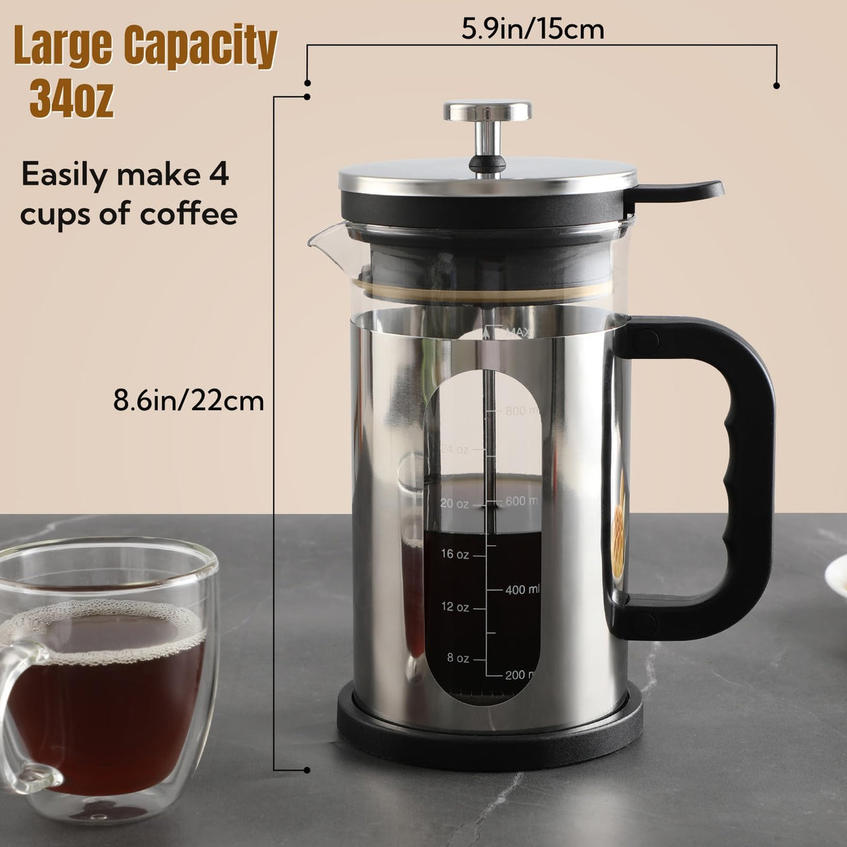34 oz Borosilicate Glass Stainless Steel French Press F142868