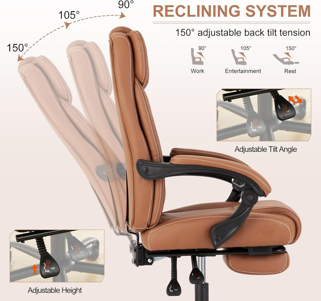Brown Ergonomic Reclining Office Chair with Footrest and Lumbar Support X14649