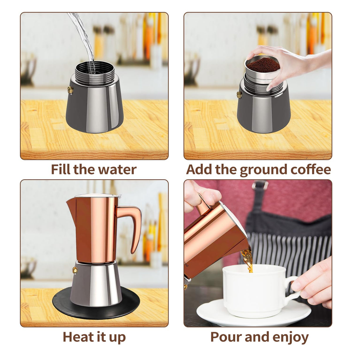 Stainless Steel Moka Pot Espresso Maker 6 Cups U116299