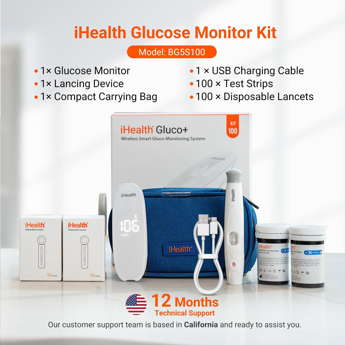Wireless Smart Glucose Monitor Kit, 100 Strips & 100 Lancets H634