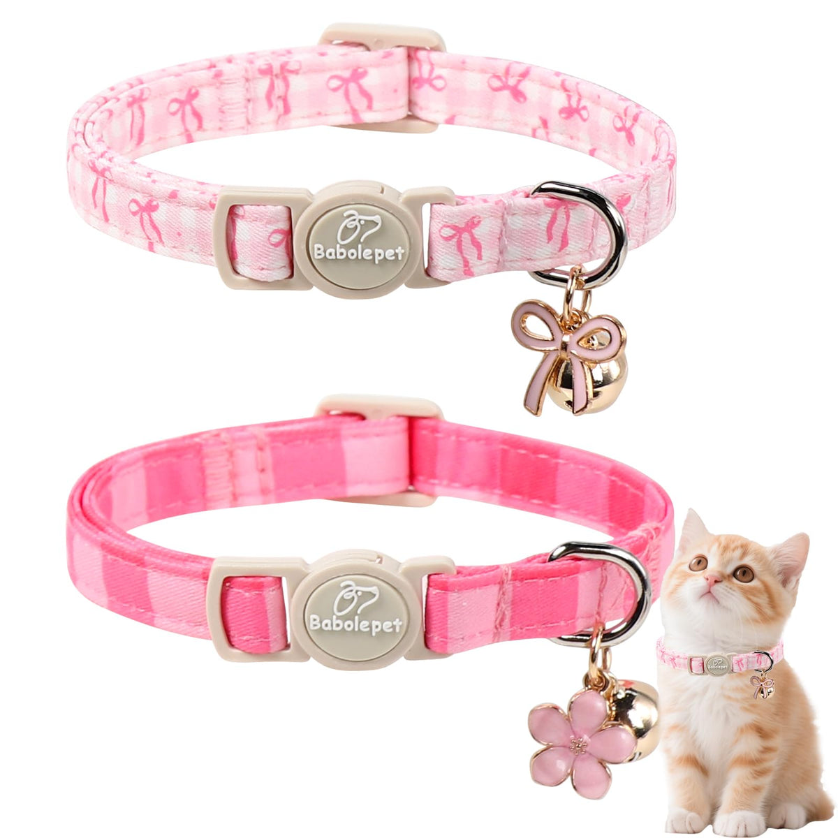 Pink Breakaway Cat Collar with Bell, Bow and Flower Pendant M737