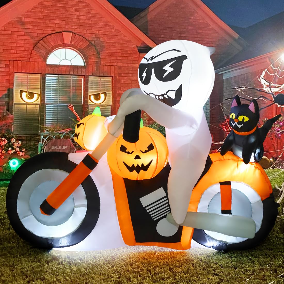6 FT Halloween Inflatables Ghost Pumpkin Cat Motorcycle with Built-in LEDs X819