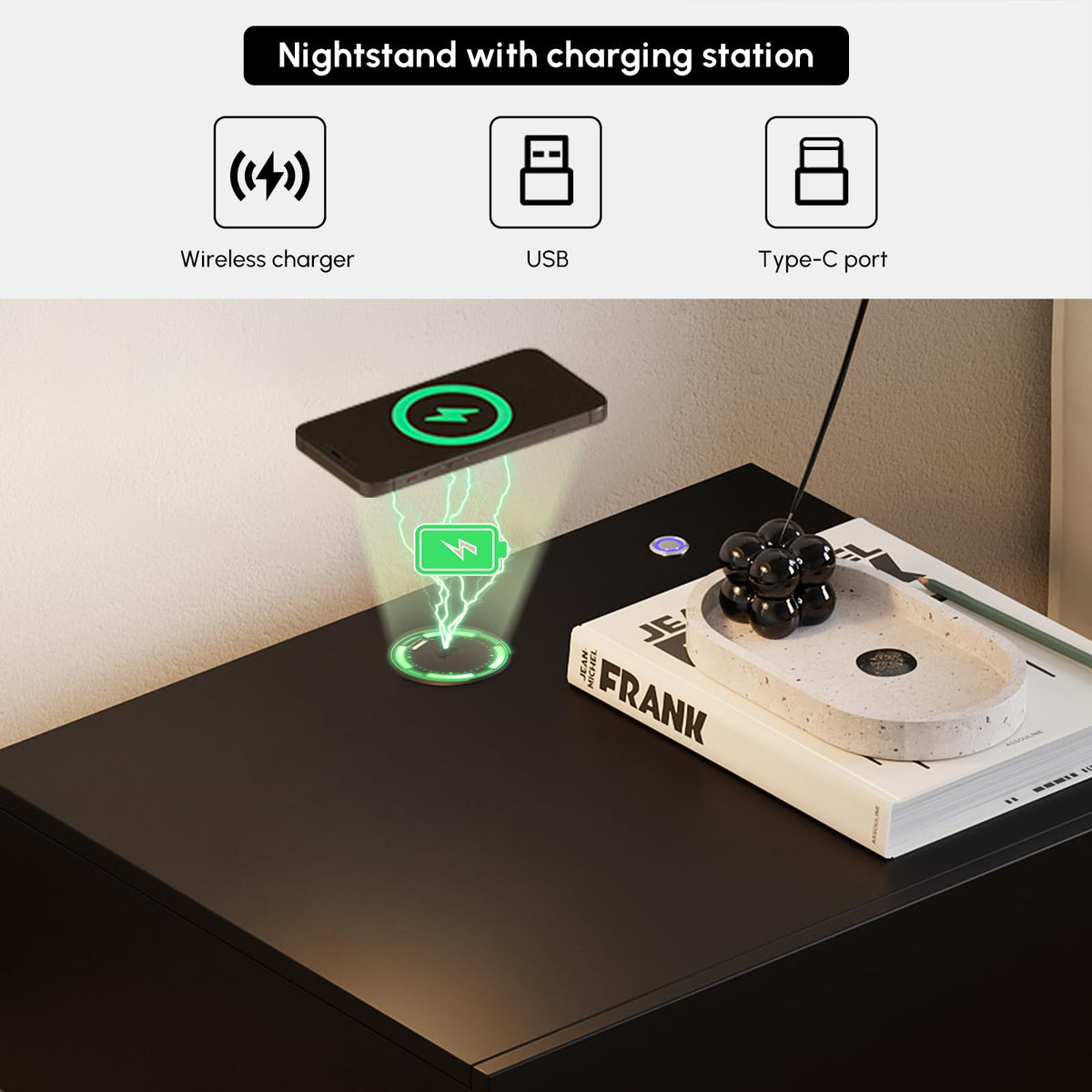 Black Set of 2 Nightstand with Wireless Charging and 3 Drawers Z992992