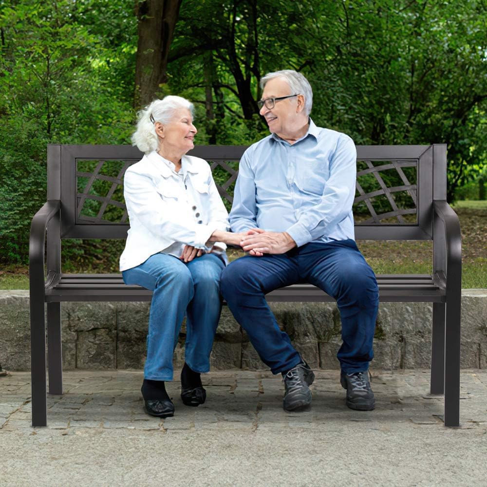 Black Metal Outdoor Patio Bench with Armrests F9571