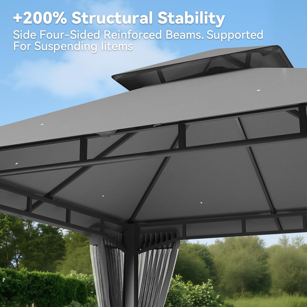 8'x8' Gray Gazebo with Double Roof & Mosquito Netting L813883