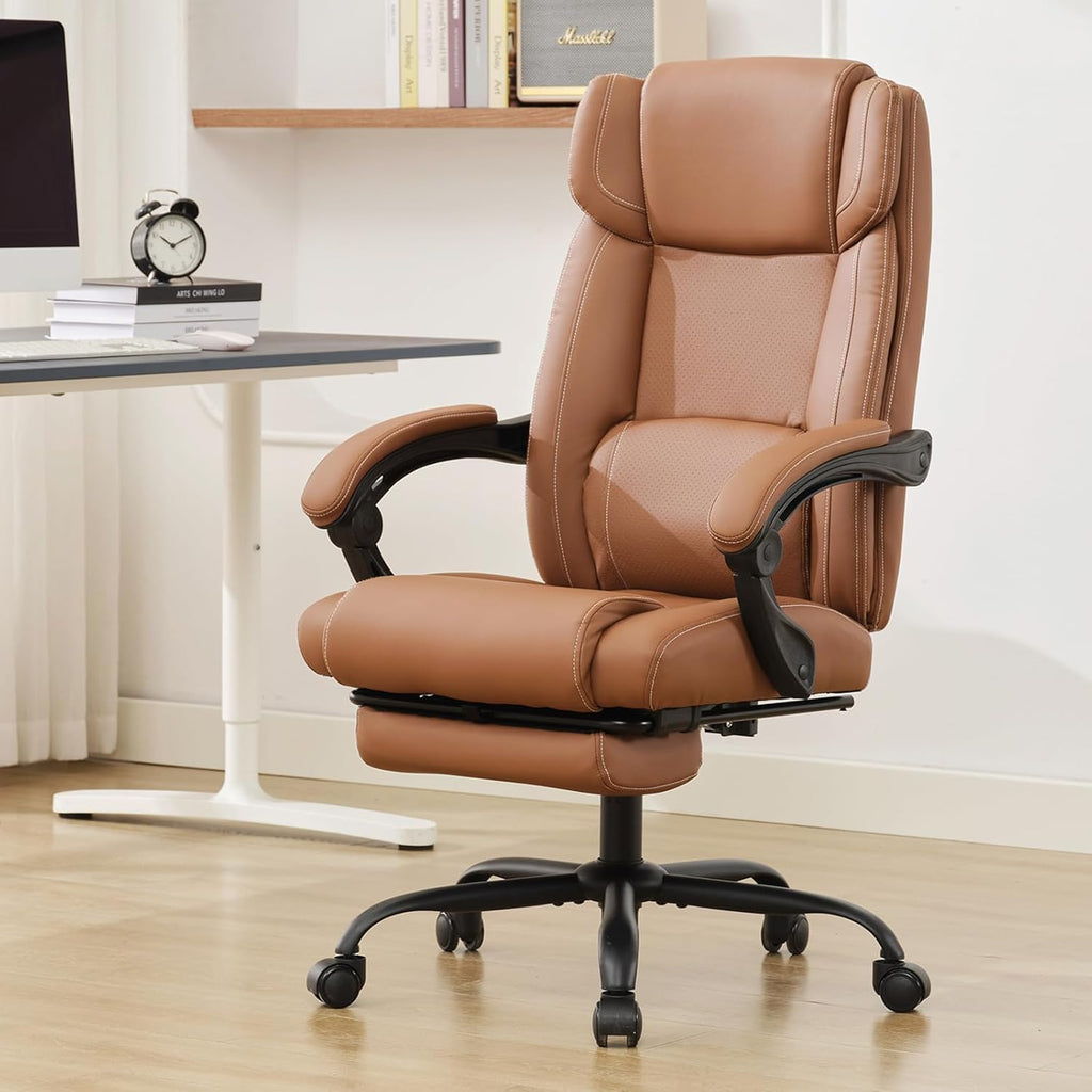 Brown Ergonomic Reclining Office Chair with Footrest and Lumbar Support X14649