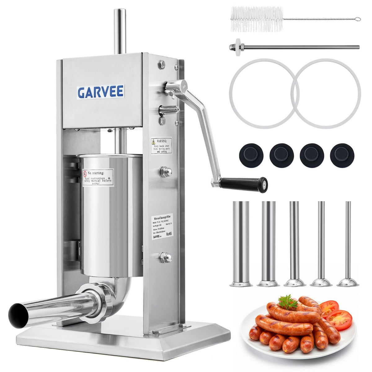 7LBS/3L 304 Stainless Steel Manual Sausage Stuffer with 5 Filling Tubes I408291