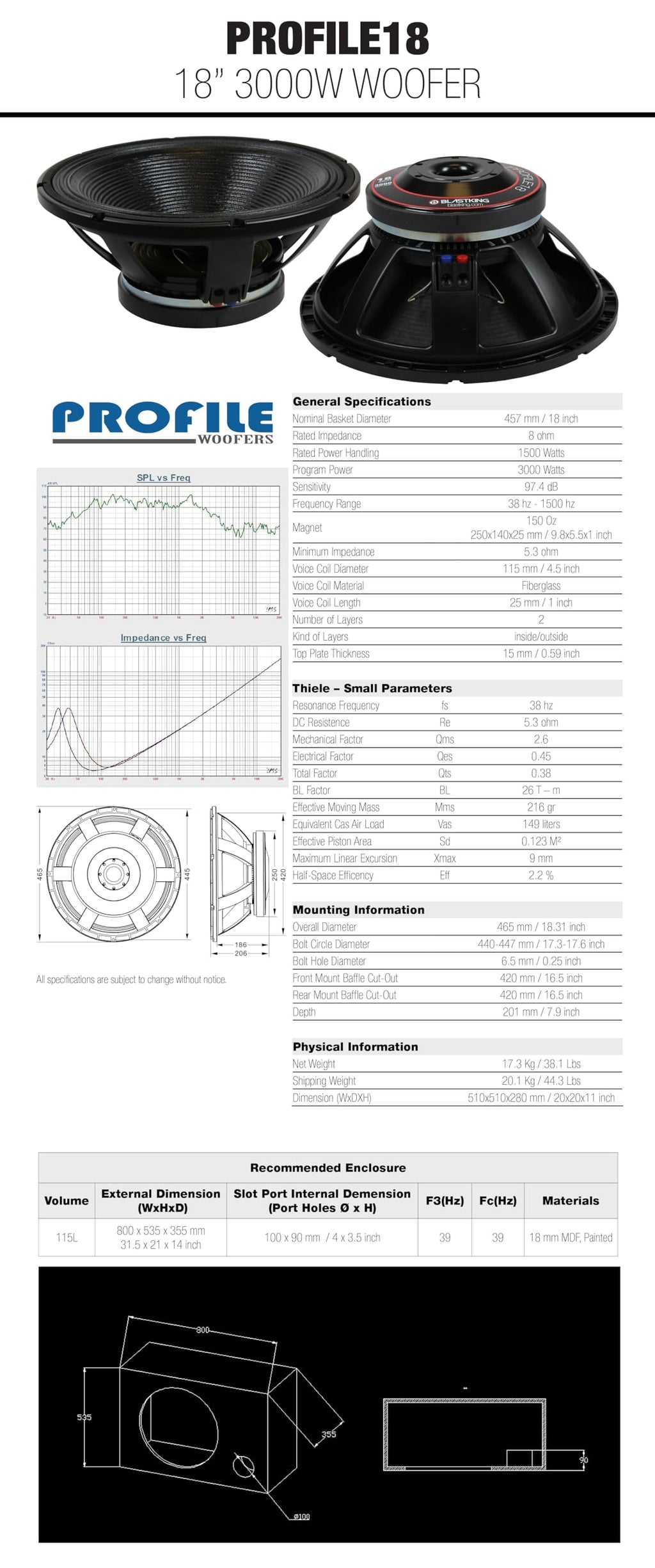 18" 3000W High Output Woofer 4.5" Voice Coil 8 Ω 97.4 dB D152