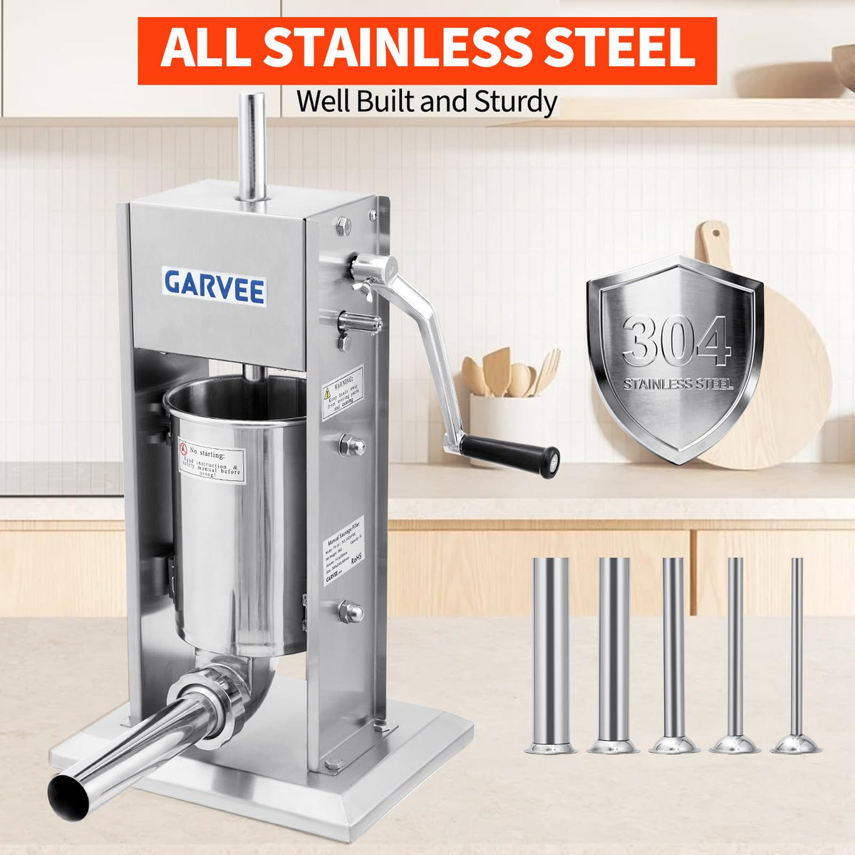 7LBS/3L 304 Stainless Steel Manual Sausage Stuffer with 5 Filling Tubes I408291