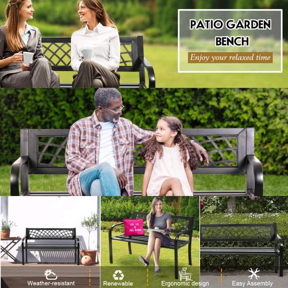 Black Metal Outdoor Patio Bench with Armrests F9571