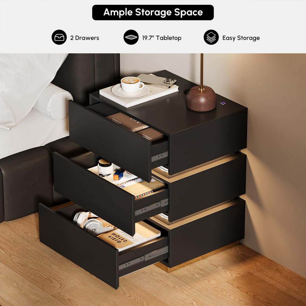 Black Set of 2 Nightstand with Wireless Charging and 3 Drawers Z992992