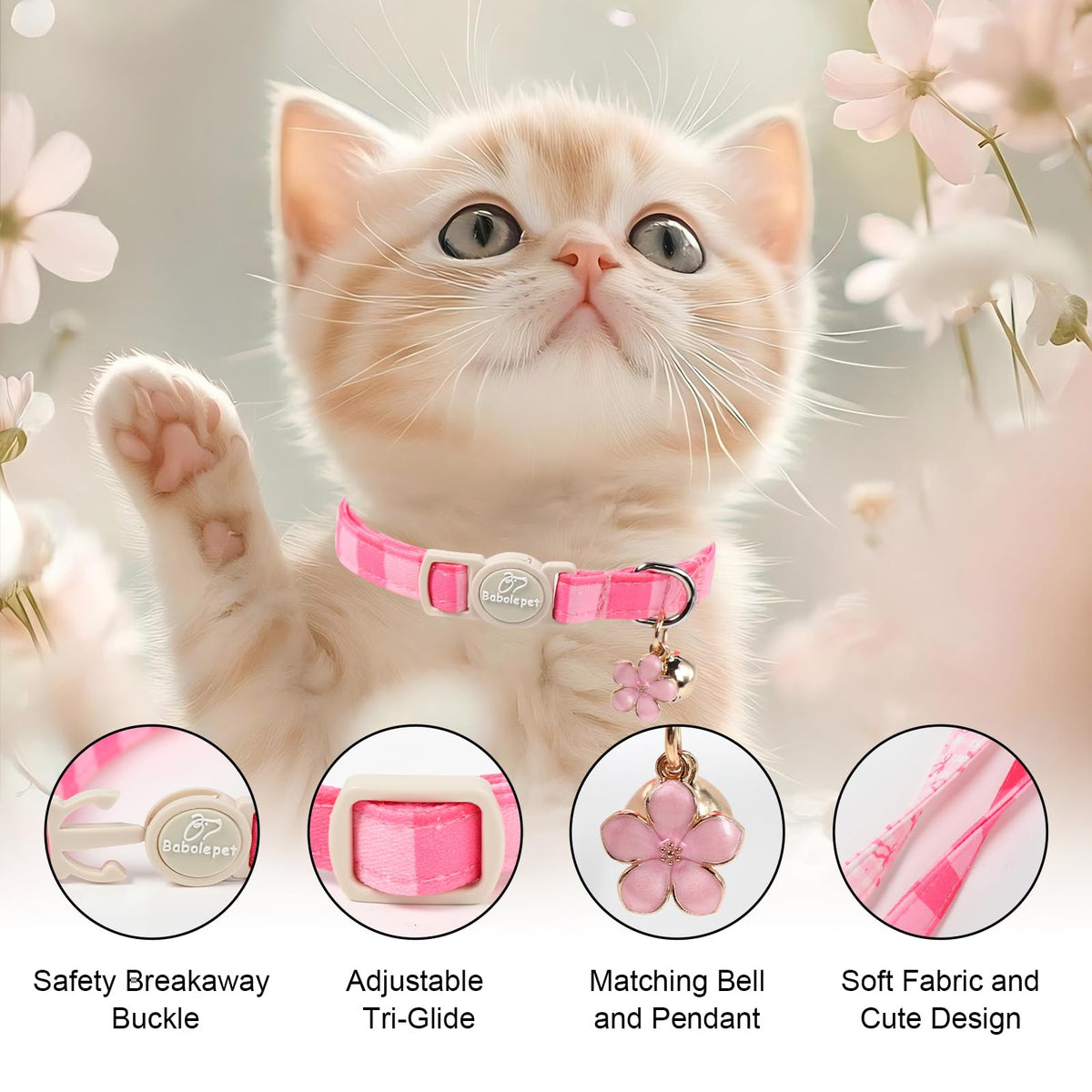 Pink Breakaway Cat Collar with Bell, Bow and Flower Pendant M737