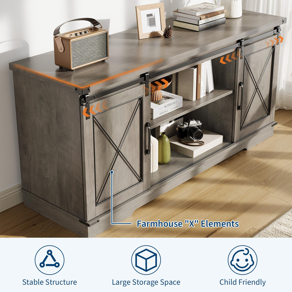 Farmhouse TV Stand 65+ inch with Sliding Barn Doors and Storage Cabinets A20207