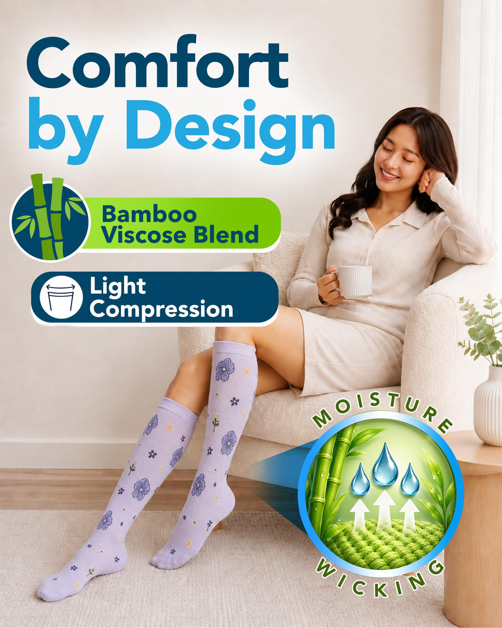Bamboo Viscose 8-15 mmHg Knee High Compression Socks 3 Pairs W651
