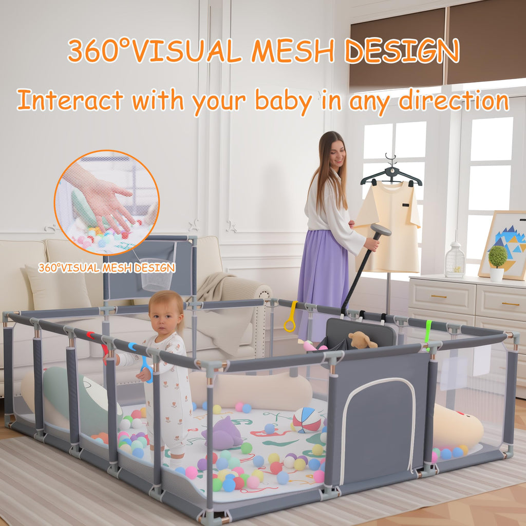 Baby Playpen with Mat, Ocean Balls, Hanging Pocket, Basketball Hoop D375