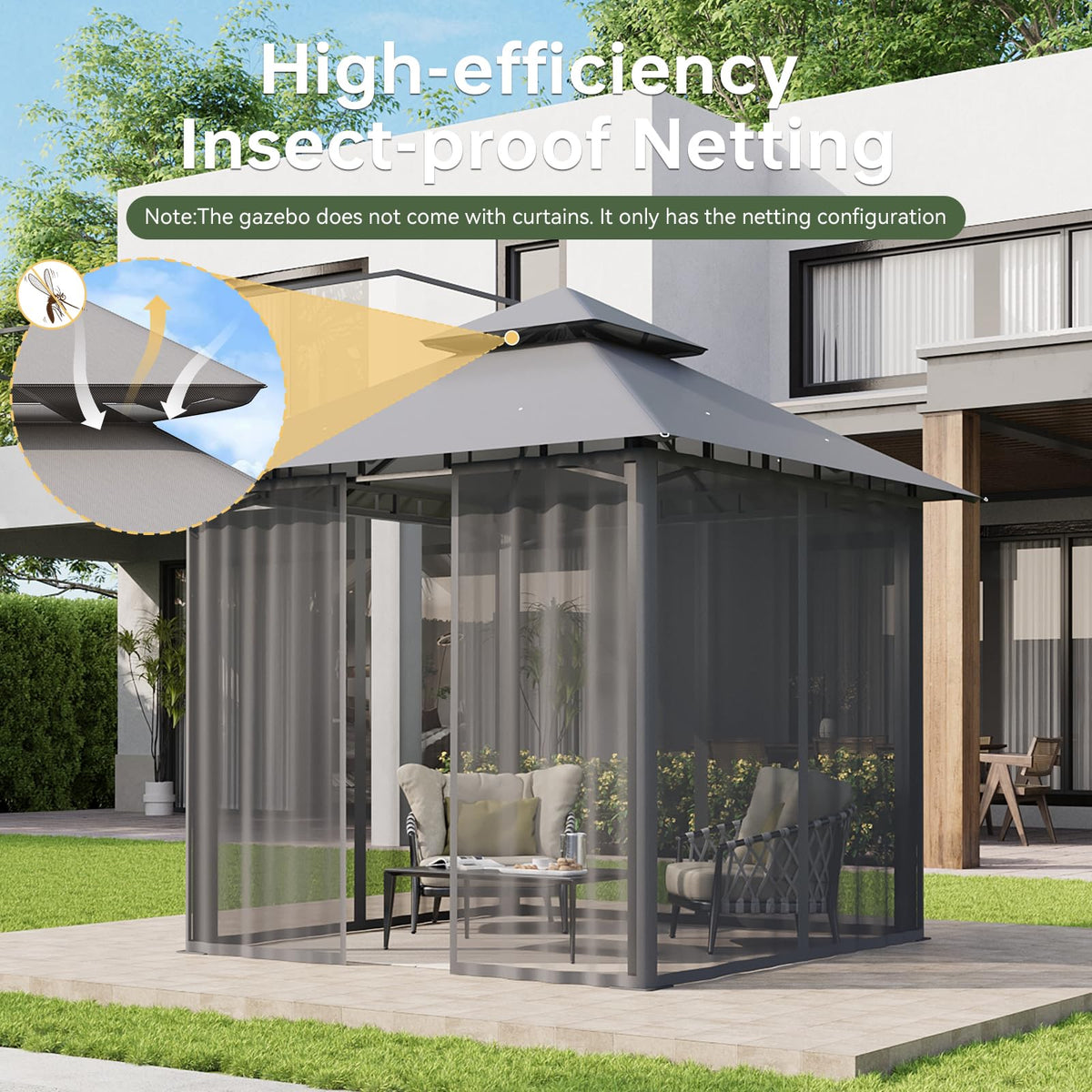 8'x8' Gray Gazebo with Double Roof & Mosquito Netting L813883