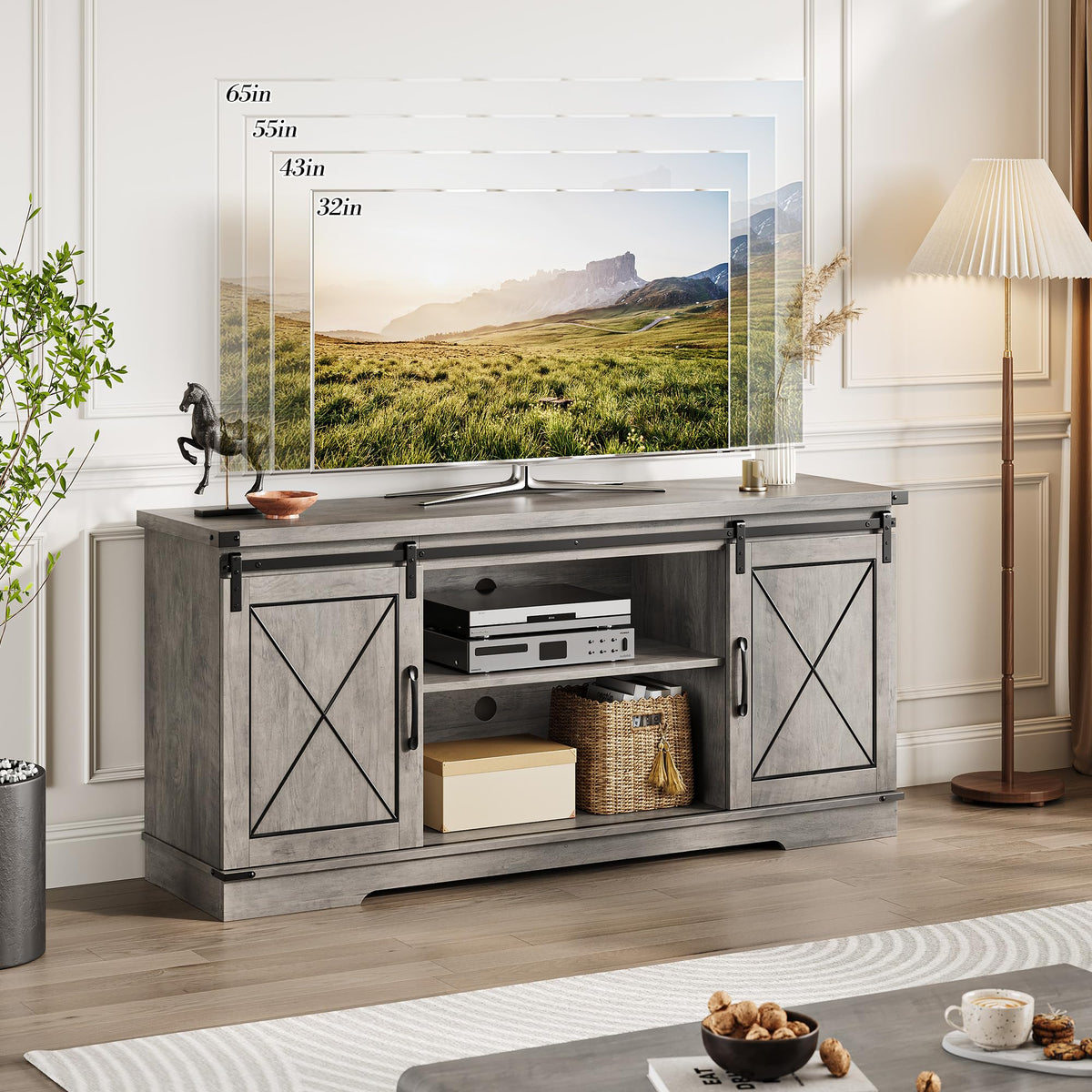 Farmhouse TV Stand 65+ inch with Sliding Barn Doors and Storage Cabinets A20207
