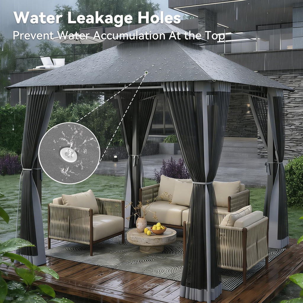 8'x8' Gray Gazebo with Double Roof & Mosquito Netting L813883