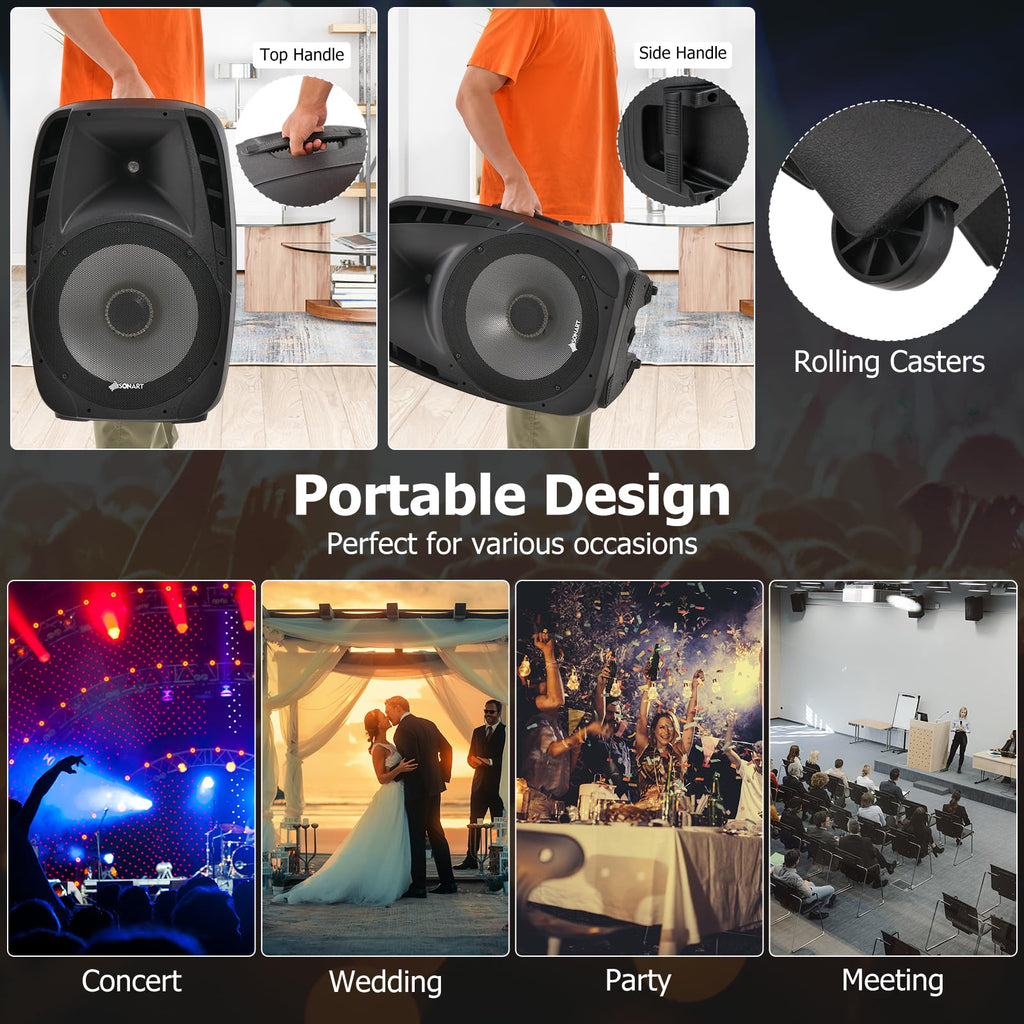 Portable 15" 1500W 2-Way Bluetooth PA Speaker System Set with Stand H15858
