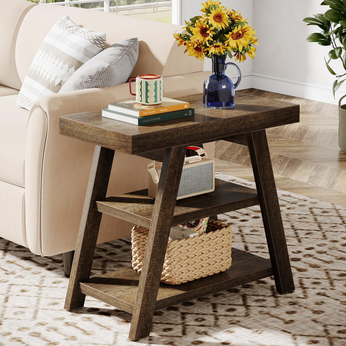 3-Tier Wooden Sofa Side Table with Trapezoid Legs B399