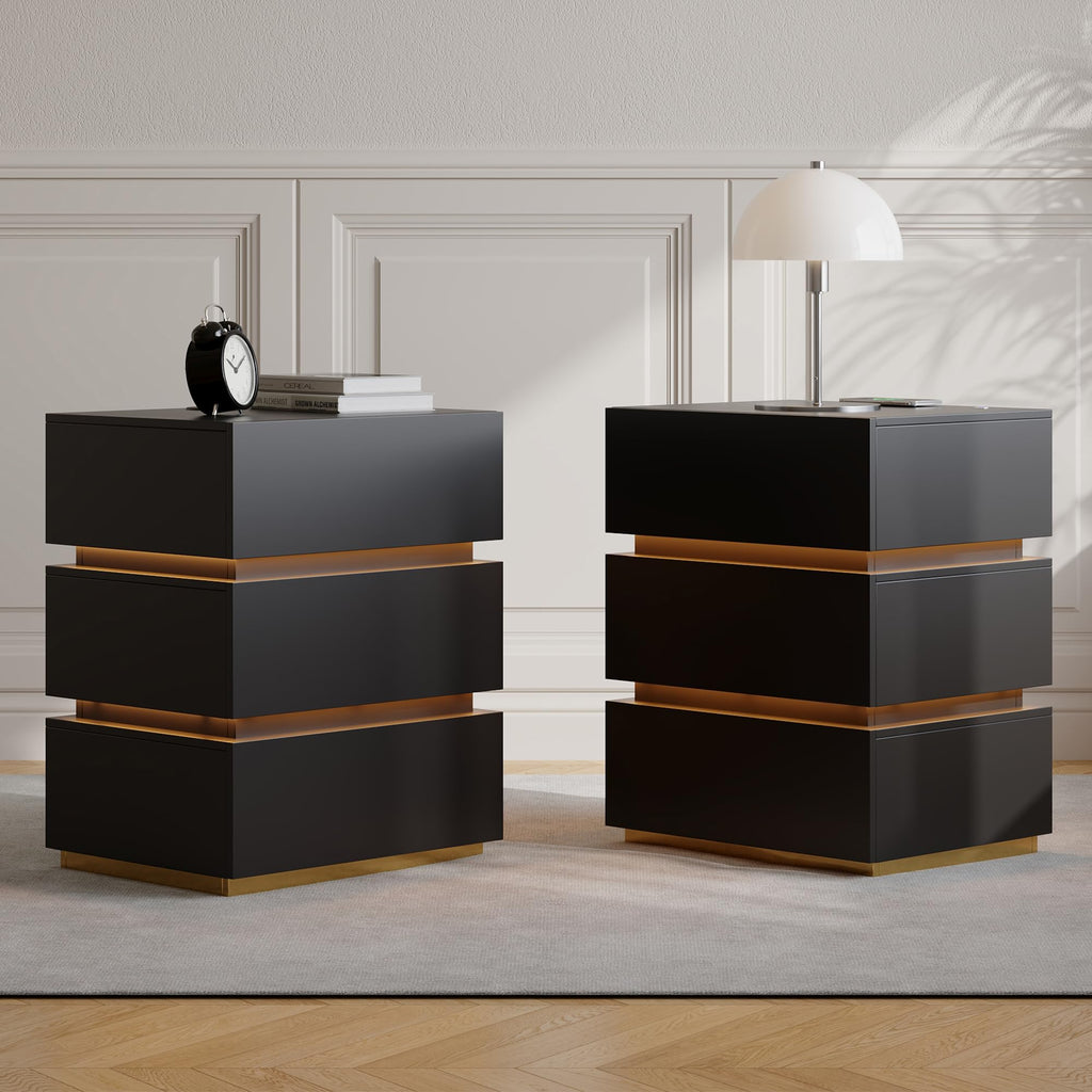Black Set of 2 Nightstand with Wireless Charging and 3 Drawers Z992992