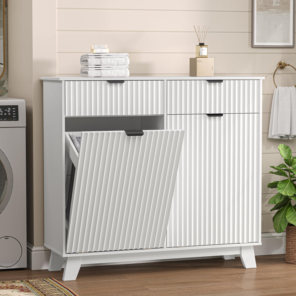 White 20 Gallon Double Tilt Out Laundry Hamper Cabinet with 2 Drawers T92510