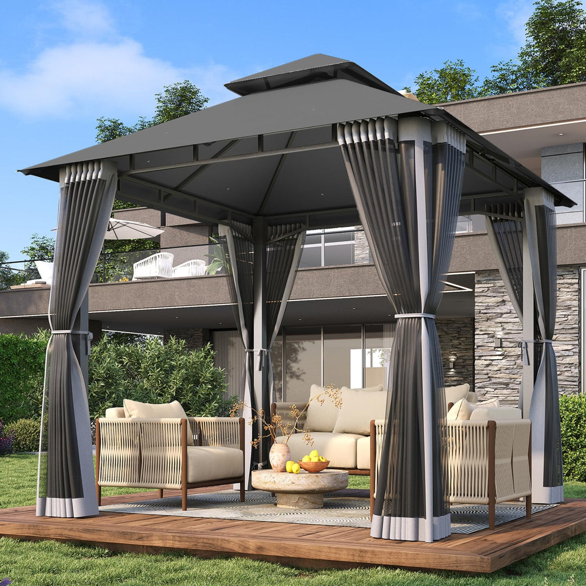 8'x8' Gray Gazebo with Double Roof & Mosquito Netting L813883