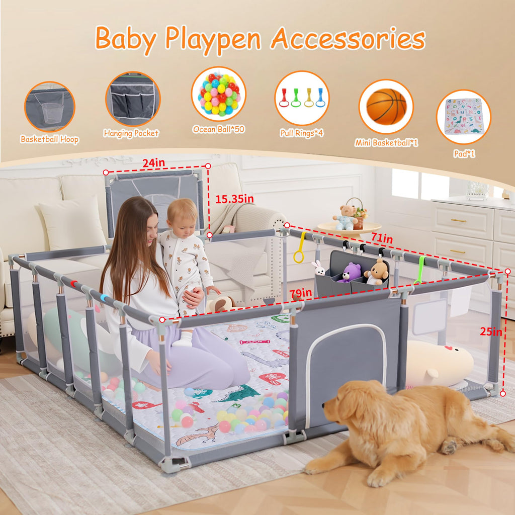 Baby Playpen with Mat, Ocean Balls, Hanging Pocket, Basketball Hoop D375