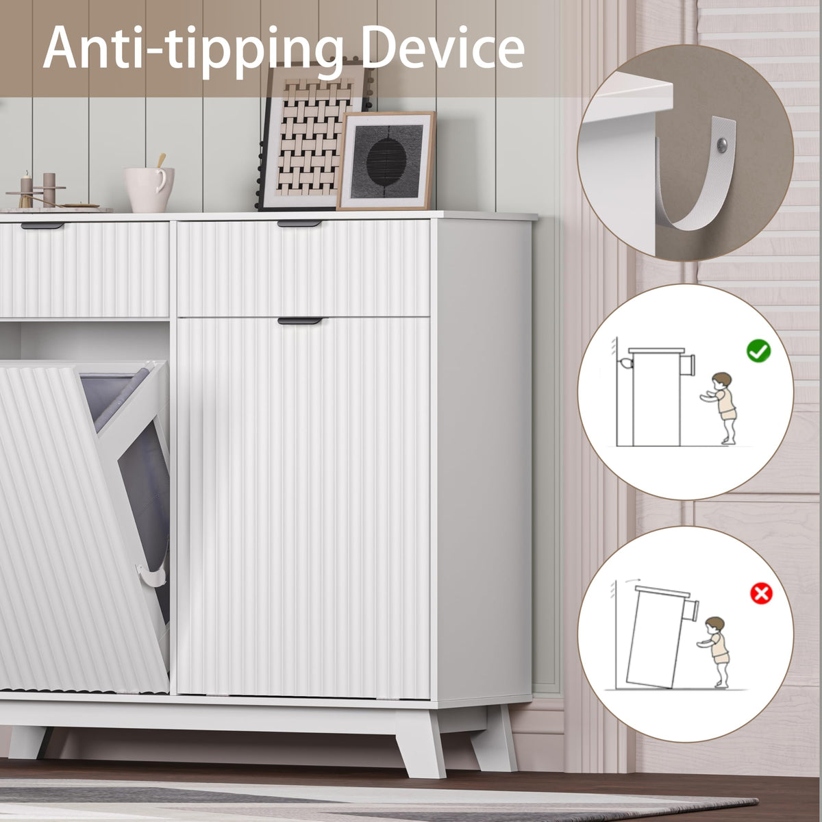 White 20 Gallon Double Tilt Out Laundry Hamper Cabinet with 2 Drawers T92510